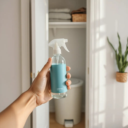 Botella de eliminador de olores junto a un armario abierto, ambiente limpio y luz natural