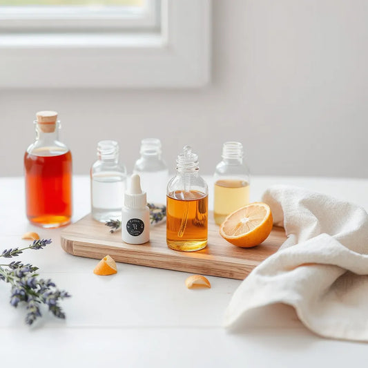 Botellas de aceites esenciales de vidrio, gotero y elementos naturales como lavanda y cítricos sobre una bandeja de madera
