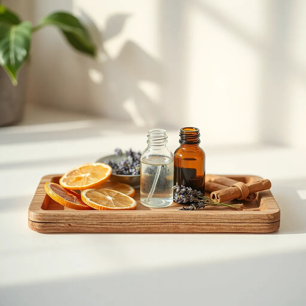 Bandeja de madera con aceites esenciales y flores secas para crear fragancias naturales en el hogar
