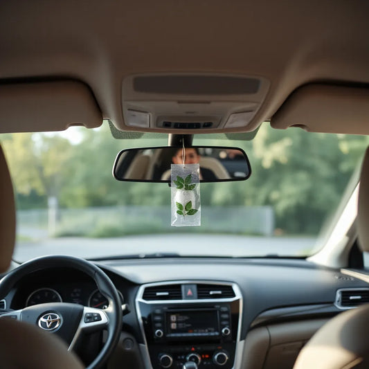 Ambientador de coche discreto colgado en el interior de un vehículo, con salpicadero limpio y luz natural