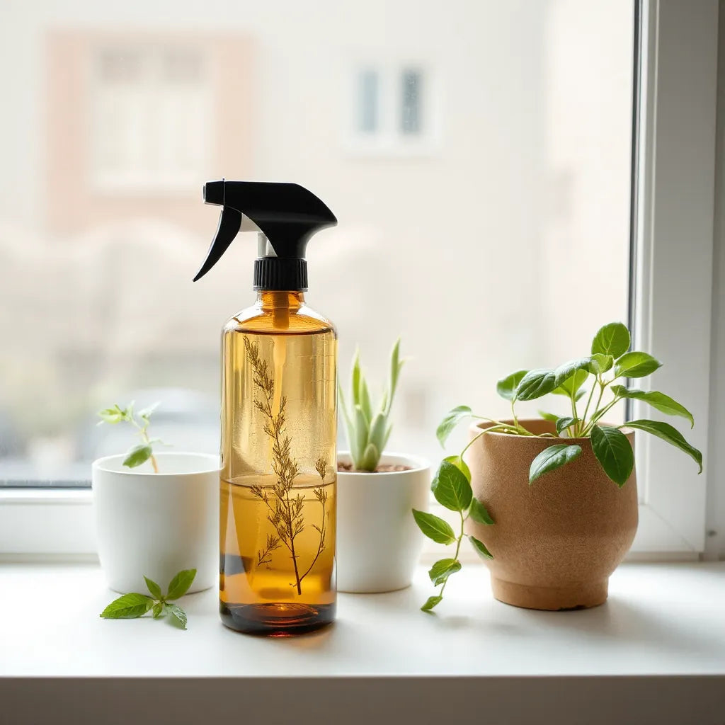 Difusor junto a macetas con plantas verdes en una ventana con luz natural suave