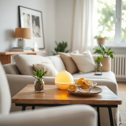 Difusor de fragancia y cítricos en una sala luminosa, ambiente fresco y acogedor