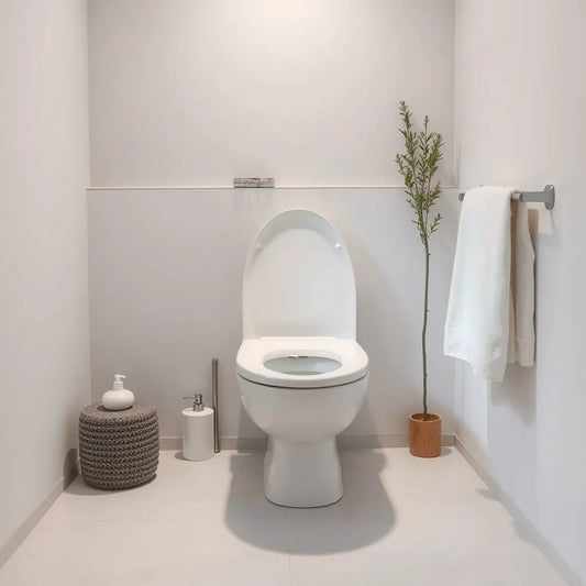 Toilet in a clean bathroom with a deodorizing product placed near the bowl to prevent unpleasant odors