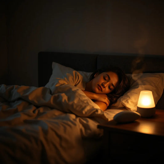 Persona descansando en una cama con luz cálida y un difusor sutil en la mesita
