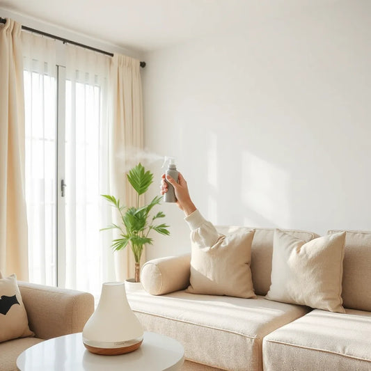Persona refrescando el ambiente con spray en una sala luminosa para neutralizar olores