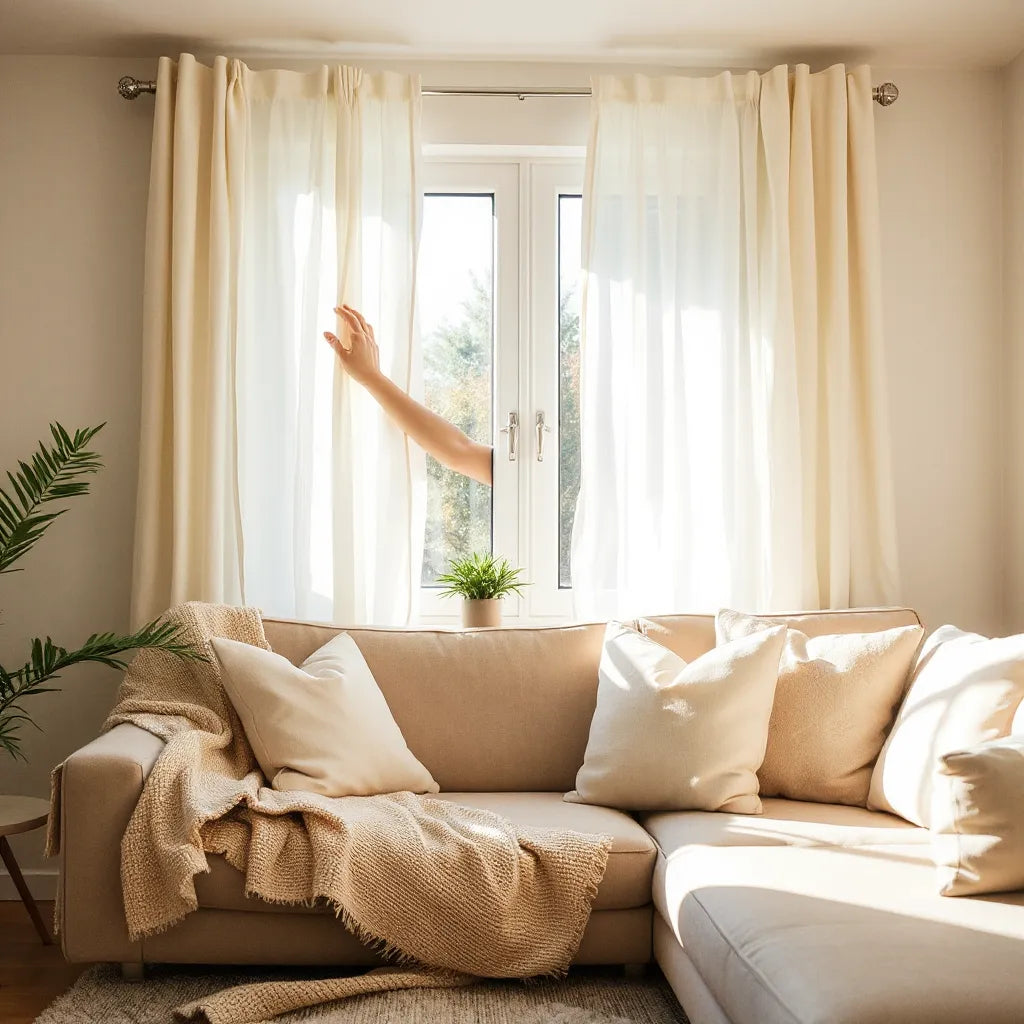 Persona abriendo cortinas en una sala luminosa y ordenada con plantas y detalles que transmiten calma