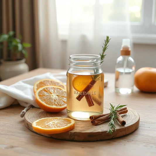 Tarro de vidrio con aromatizante casero y cítricos con canela sobre una mesa de madera