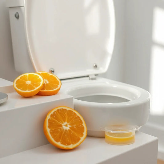 Desodorante cítrico junto al inodoro y rodajas de naranja y limón sobre un fondo de baño limpio