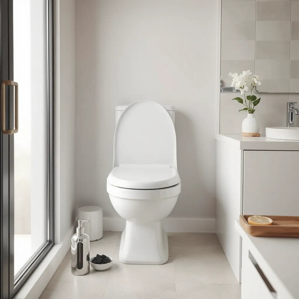 Baño limpio con un desodorante para inodoro y elementos de frescura como carbón activado y cítricos