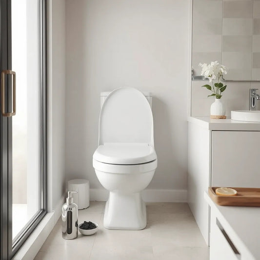 Baño limpio con un desodorante para inodoro y elementos de frescura como carbón activado y cítricos