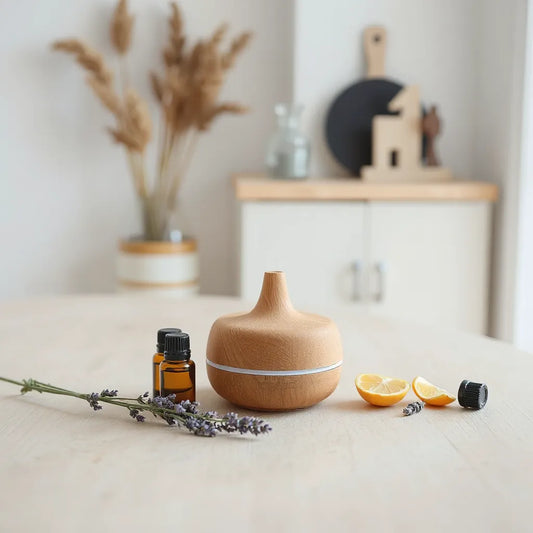 Difusor de aceites esenciales y botellas de vidrio con lavanda y cítricos sobre mesa de madera
