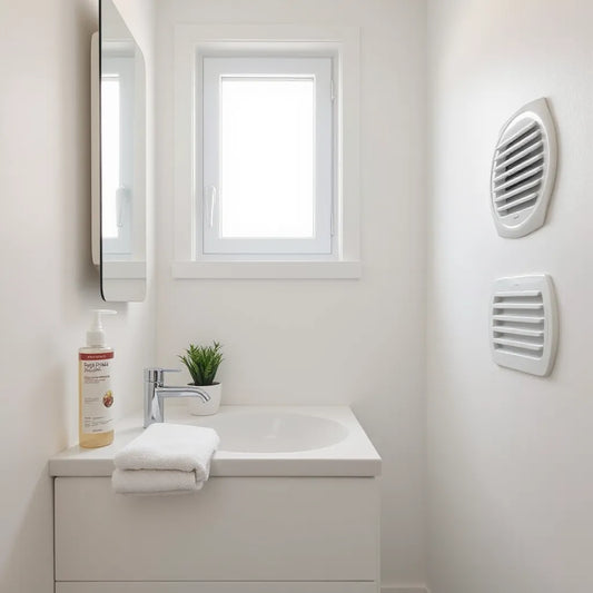 Baño luminoso y limpio con planta, ventilación y productos reutilizables para controlar olores