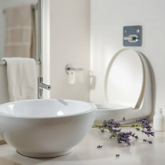 Baño limpio con un inodoro, lavanda fresca y un desodorante de fragancia para neutralizar olores