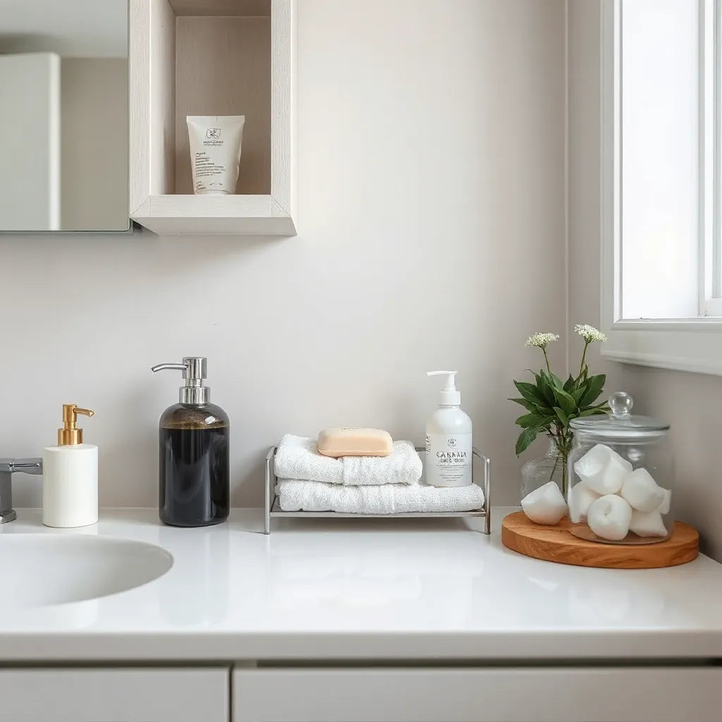 Contenedor de jabón, toallas y productos de cuidado sobre un lavabo limpio y ordenado