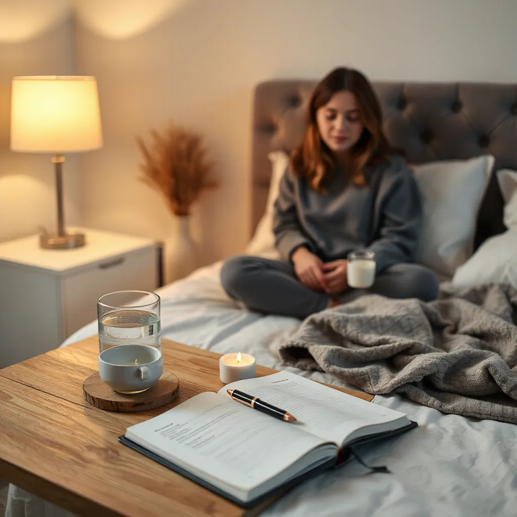 Persona en una habitación cálida de noche preparando un ritual nocturno sobre la mesita