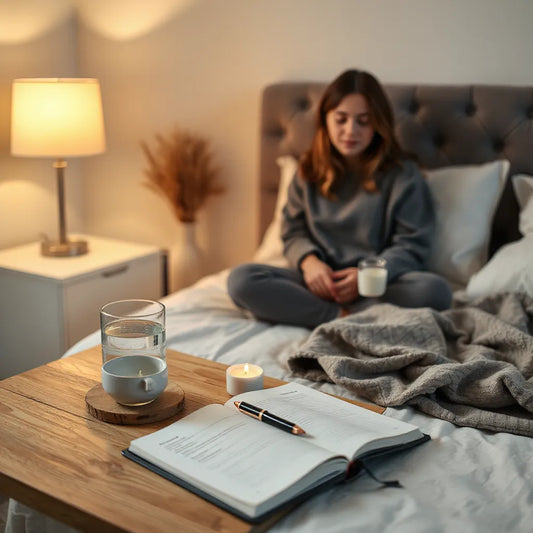 Persona en una habitación cálida de noche preparando un ritual nocturno sobre la mesita