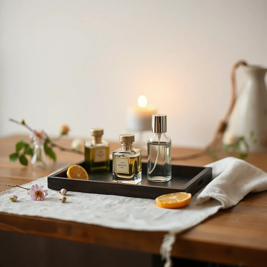 Perfume elegante en frascos de vidrio sobre una mesa con luz cálida y flores naturales de fondo