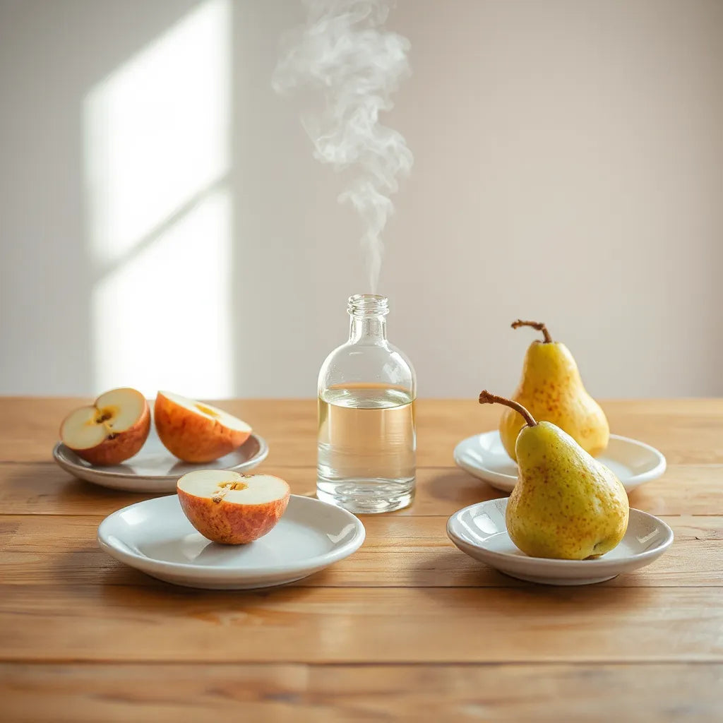 Difusor con bruma suave sobre mesa de madera con manzana y pera frescas