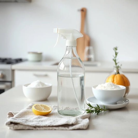 Ingredientes y utensilios de limpieza natural sobre una encimera luminosa con paño de microfibra