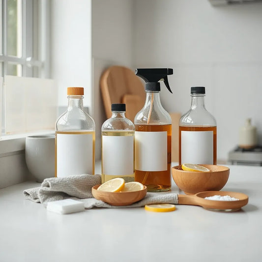 Eco-friendly cleaning bottles on a kitchen counter with a cloth and brush in natural light