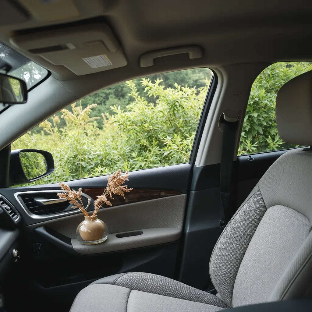 Difusor de vidrio con ingredientes botánicos junto al tablero de un auto, con interior limpio y luz natural