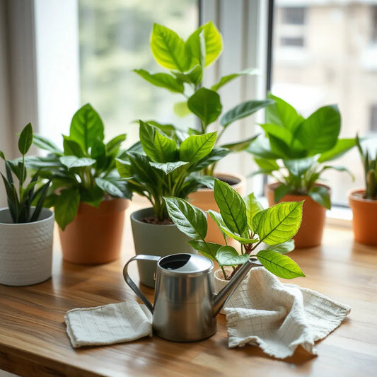 Plantas de interior con hojas verdes y saludables cerca de una ventana, con regadera y paño de limpieza