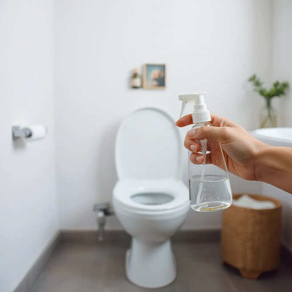 Mano aplicando un spray con vapor sobre el área del inodoro en un baño limpio y luminoso