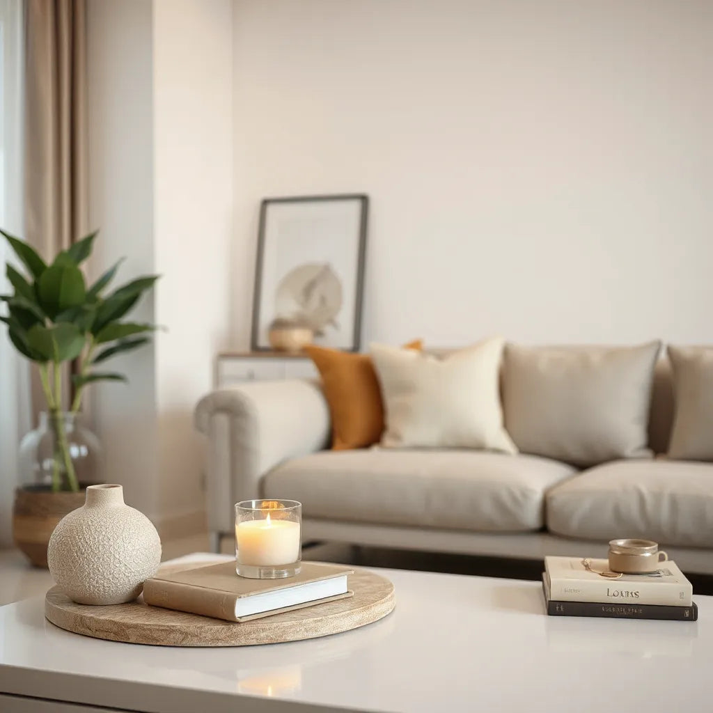 Difusor y vela aromática en una sala moderna con iluminación cálida y decoración minimalista