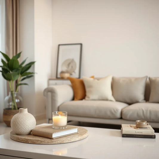 Difusor y vela aromática en una sala moderna con iluminación cálida y decoración minimalista