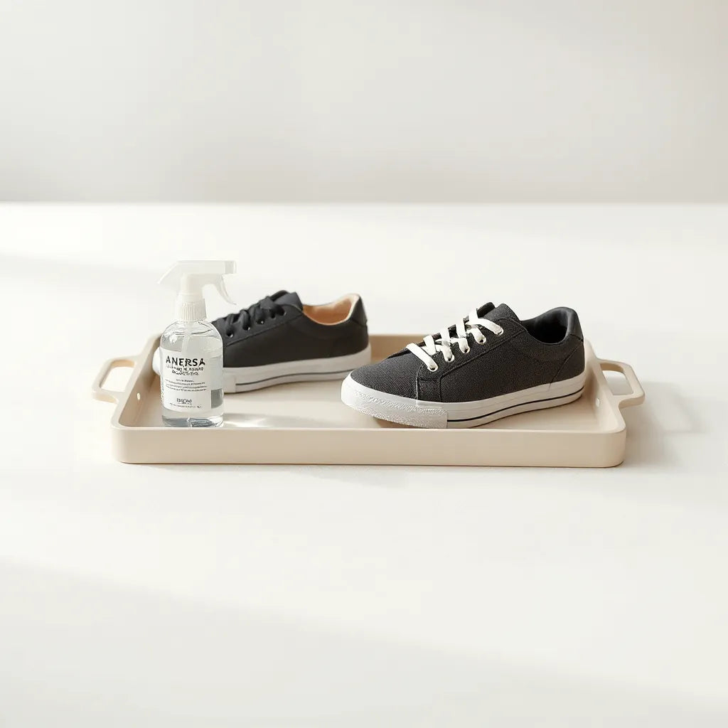 Zapatillas junto a un spray y un desodorante para mantener el calzado fresco y sin olor