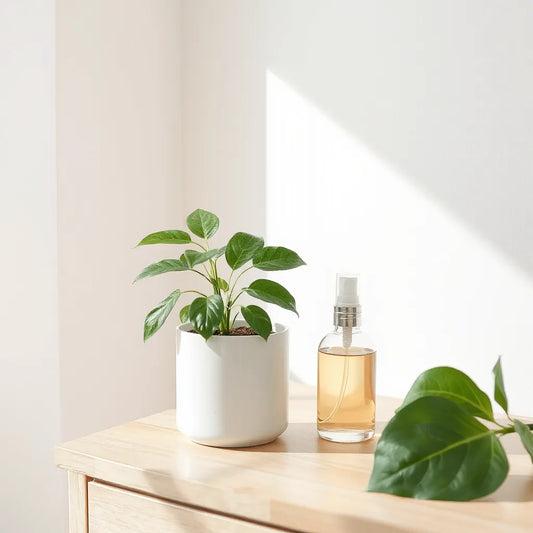 Planta en maceta con un difusor de vidrio y luz natural suave en una mesa de madera