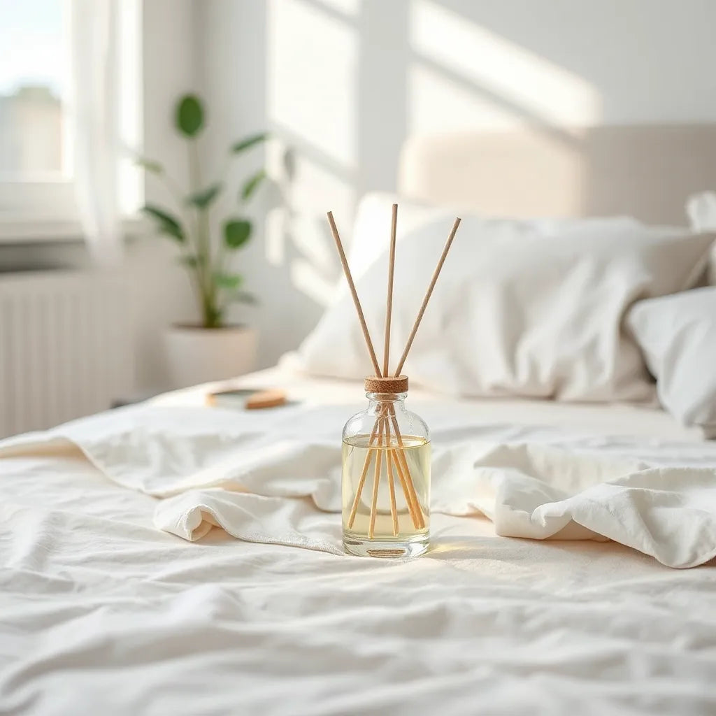 Difusor de aromatizante en la mesita de noche con ropa de cama clara y luz natural suave