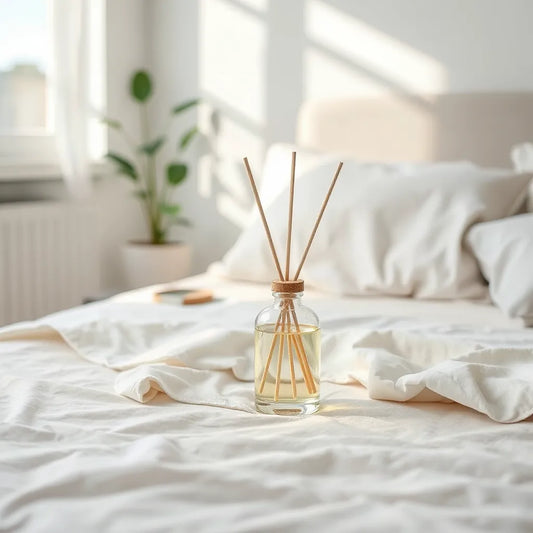 Difusor de aromatizante en la mesita de noche con ropa de cama clara y luz natural suave