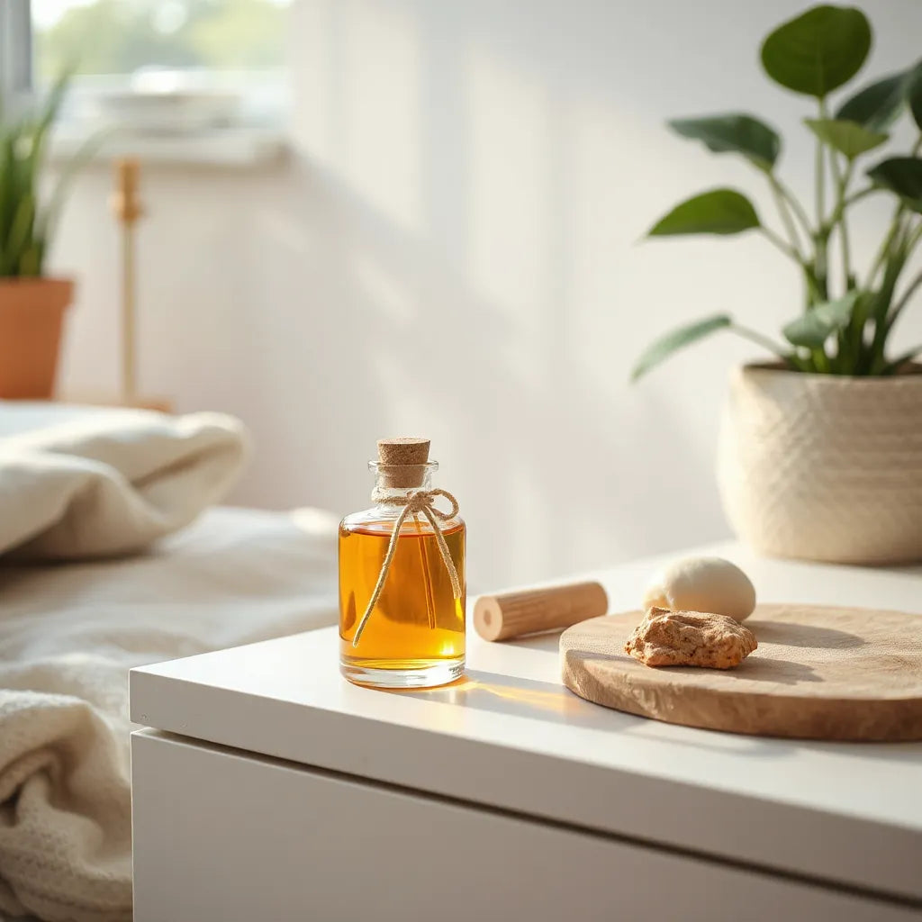 Difusor de vidrio con fragancia ámbar sobre una mesa, luz cálida y ambiente acogedor en casa