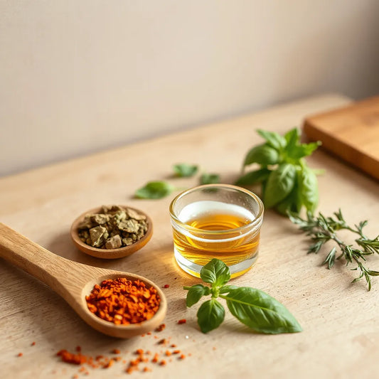 Variedad de condimentos con especias, sal, aceite y hierbas frescas sobre una tabla de madera