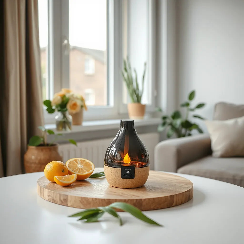 Ambientador en difusor elegante sobre una mesa junto a una ventana con luz natural y elementos frescos