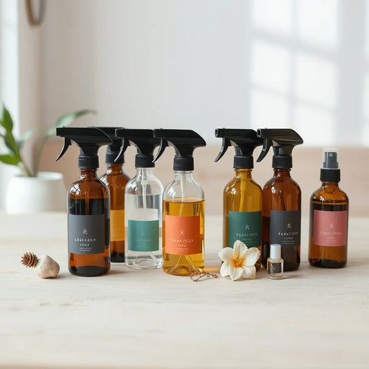 Varios sprays de fragancia para el hogar ordenados sobre madera clara con luz natural suave