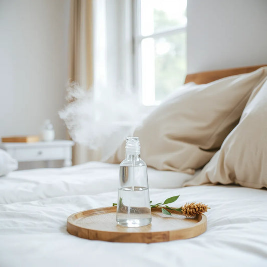 Botella de spray de habitación liberando una niebla fina en un dormitorio acogedor con luz natural