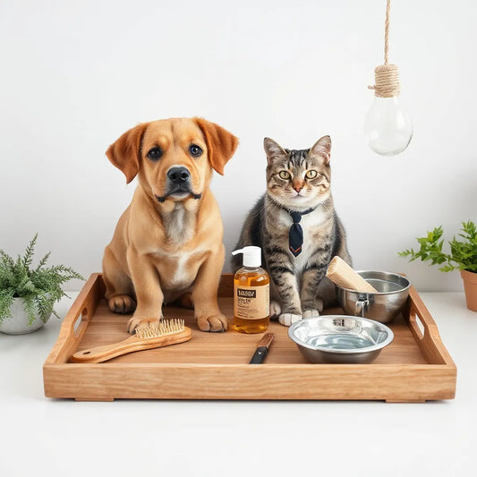 Perro y gato tranquilos junto a utensilios y productos de cuidado animal en una bandeja
