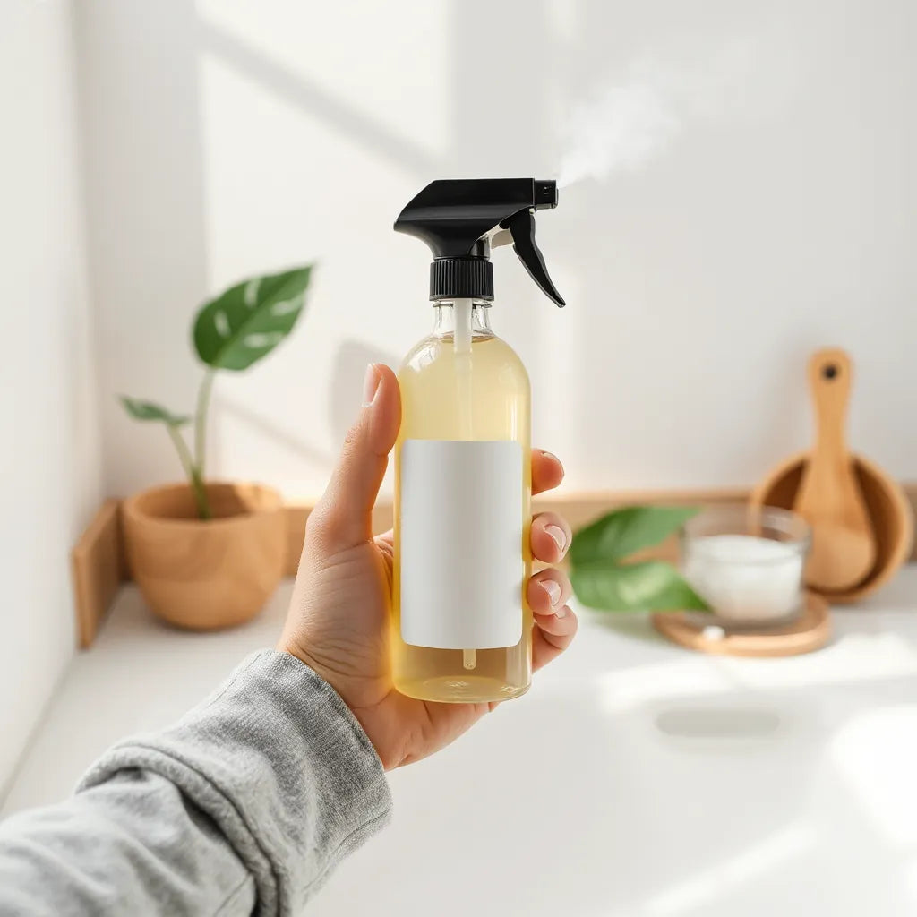Persona rociando un spray de botella minimalista en un baño limpio, con niebla visible y elementos naturales