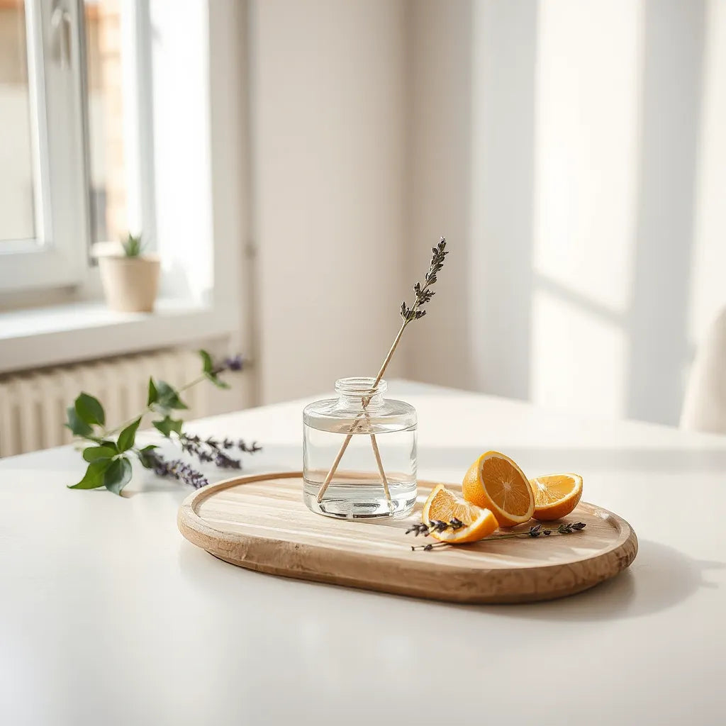 Difusor de vidrio con elementos naturales como lavanda y cítricos sobre una mesa clara