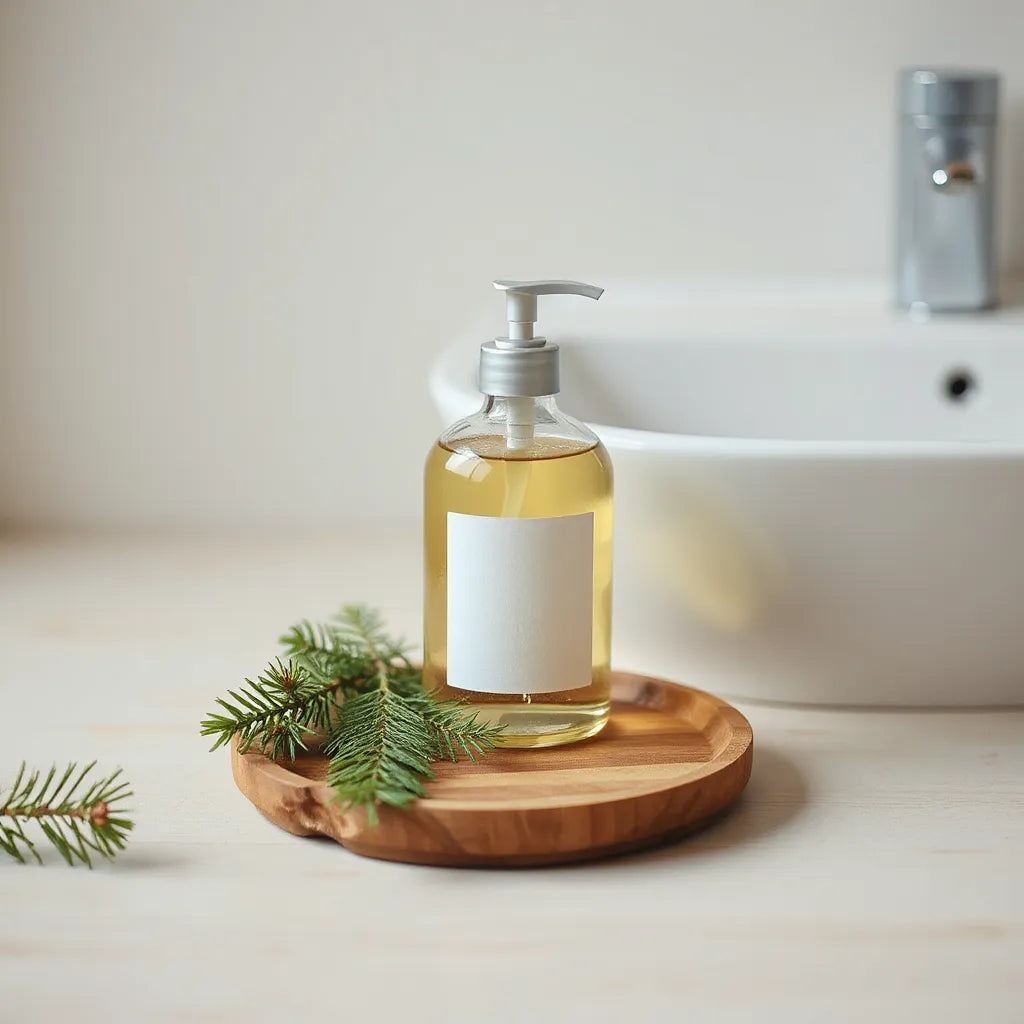 Jabón líquido en botella de vidrio con elementos verdes naturales sobre un lavabo limpio