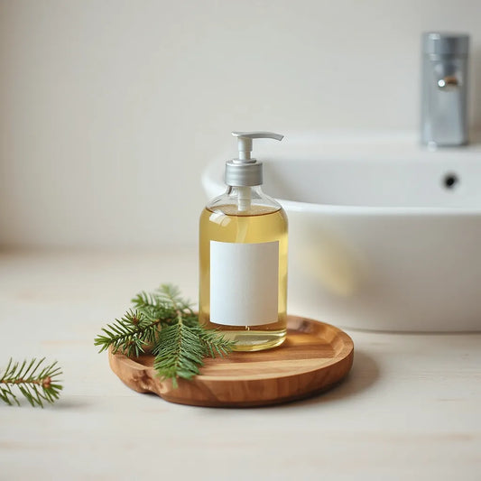 Jabón líquido en botella de vidrio con elementos verdes naturales sobre un lavabo limpio