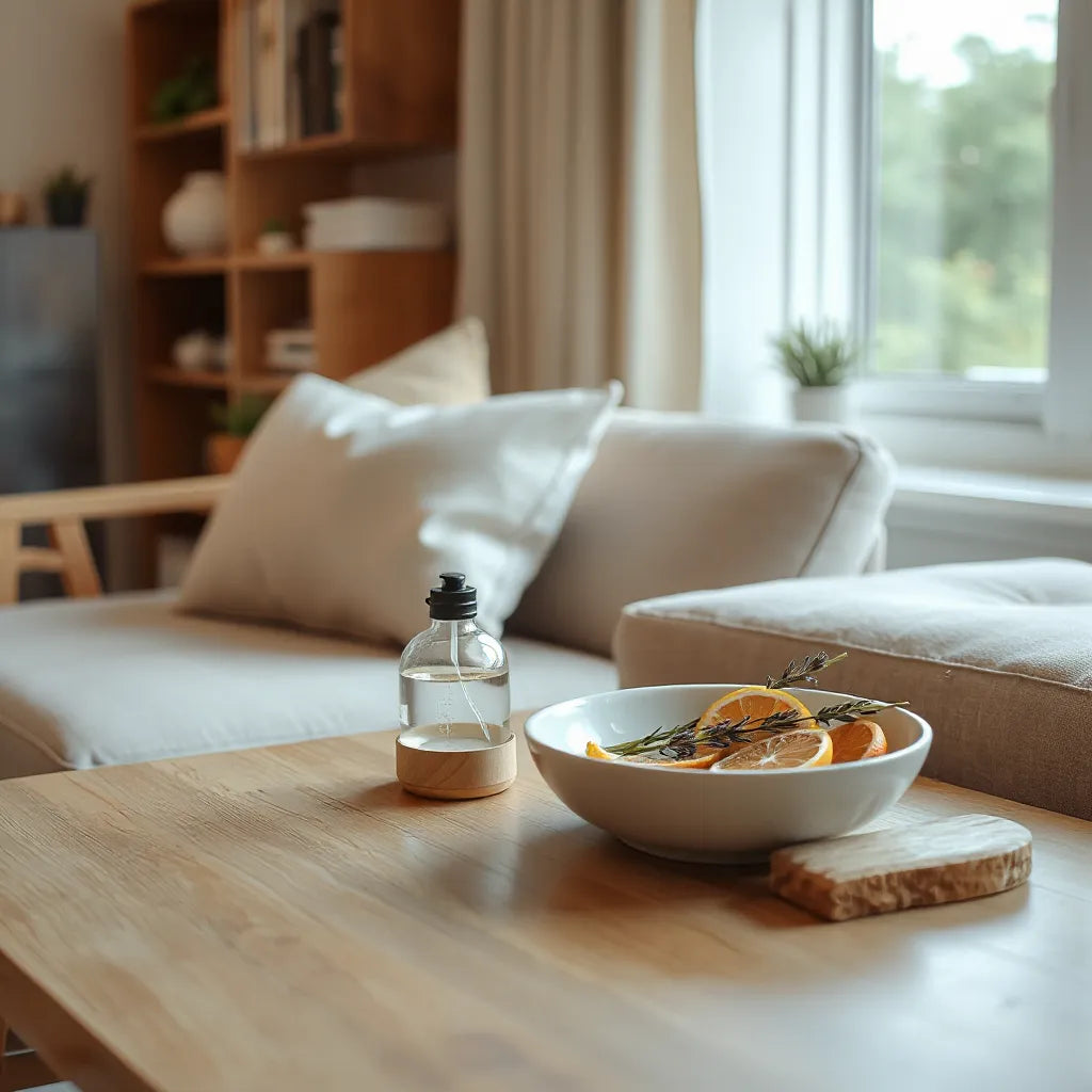 Difusor y fragancia con elementos aromáticos sobre una mesa junto a una ventana iluminada