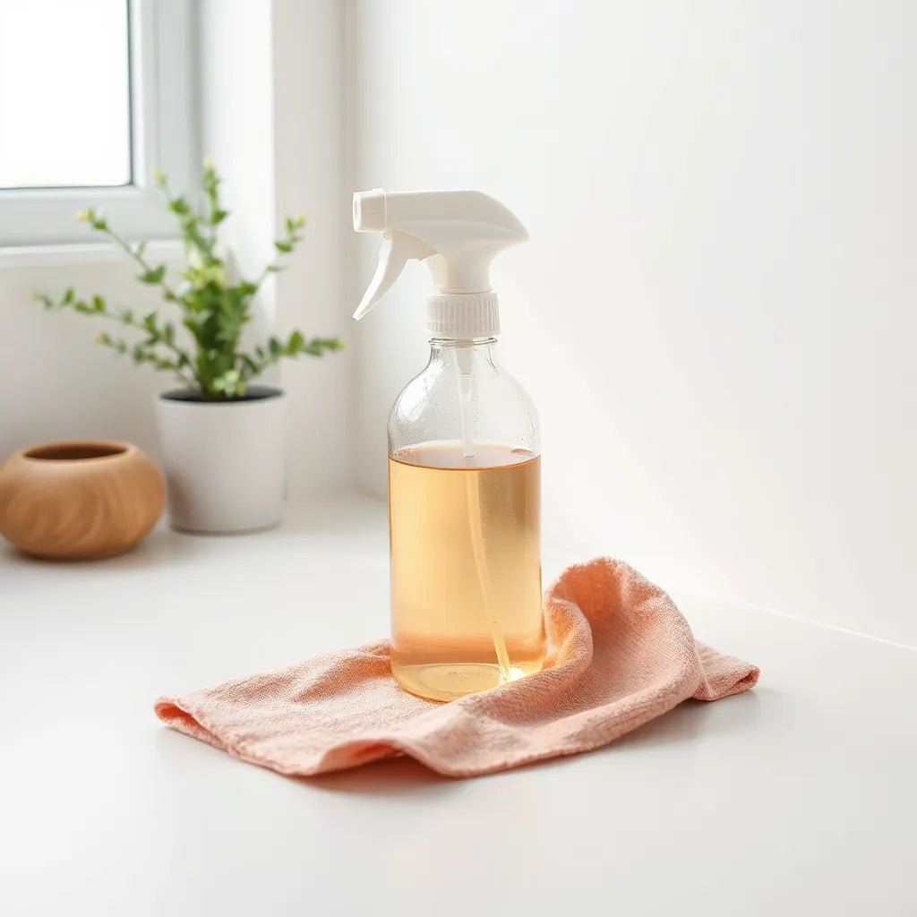 Spray de limpieza y paño sobre superficie neutra en un ambiente luminoso, con sensación de aire fresco