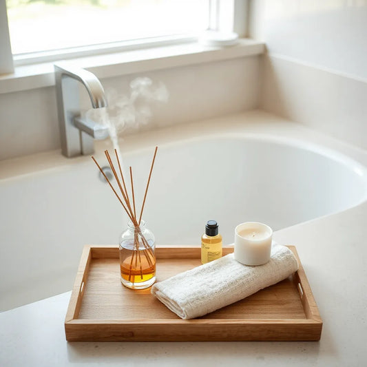 Bandeja con difusor, aceite esencial y vela aromática sobre un lavabo moderno junto a una bañera