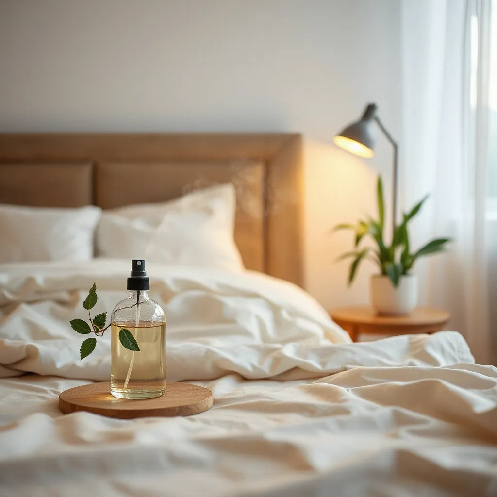 Spray de niebla suave junto a la mesita de noche en un dormitorio acogedor