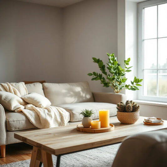 Sala luminosa y acogedora con sofá, manta, planta y decoración minimalista