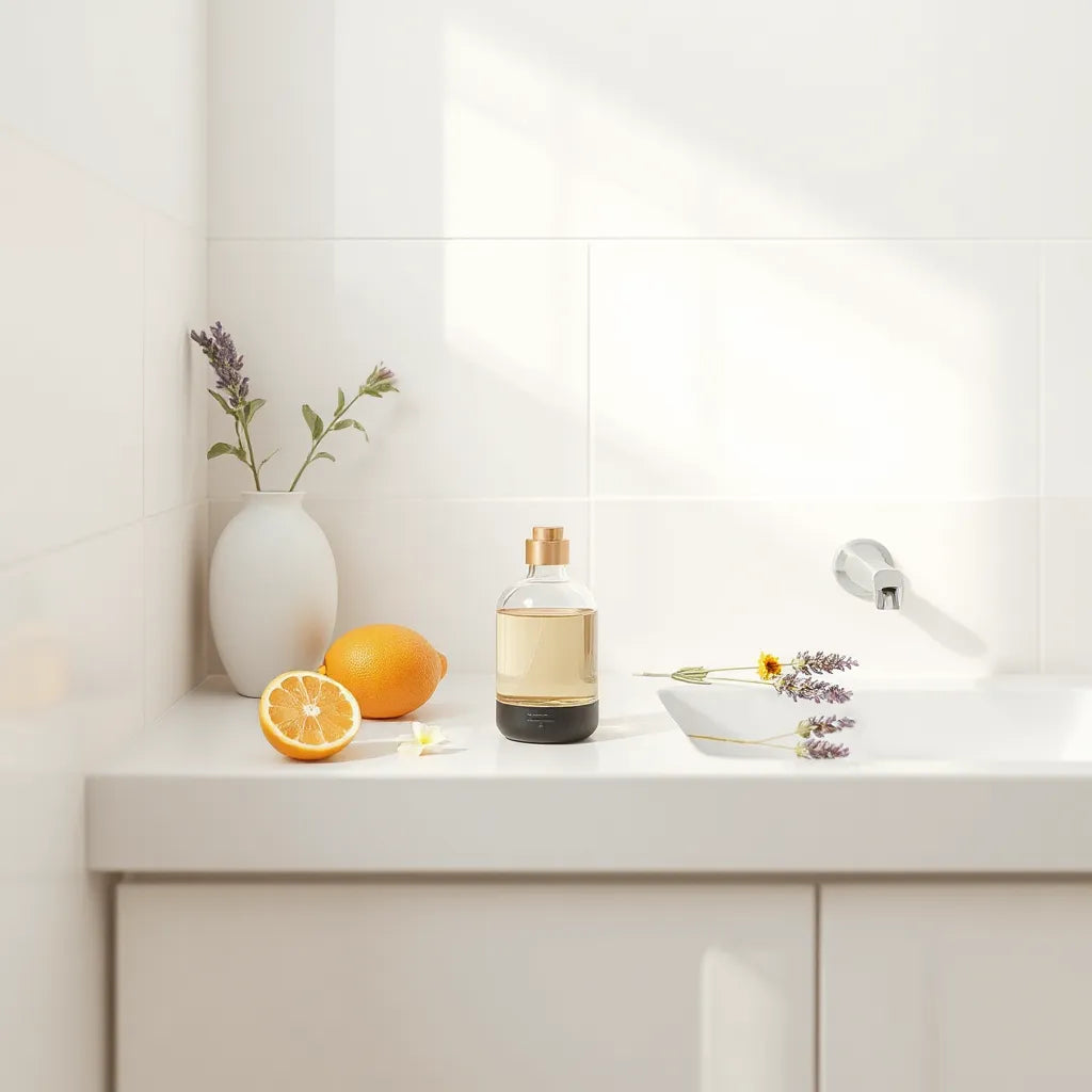 Difusor y frasco de fragancia en un baño moderno con toques de flores y luz cálida