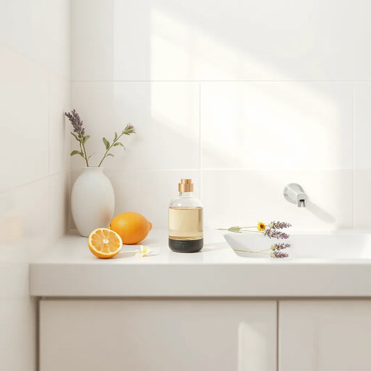 Difusor y frasco de fragancia en un baño moderno con toques de flores y luz cálida